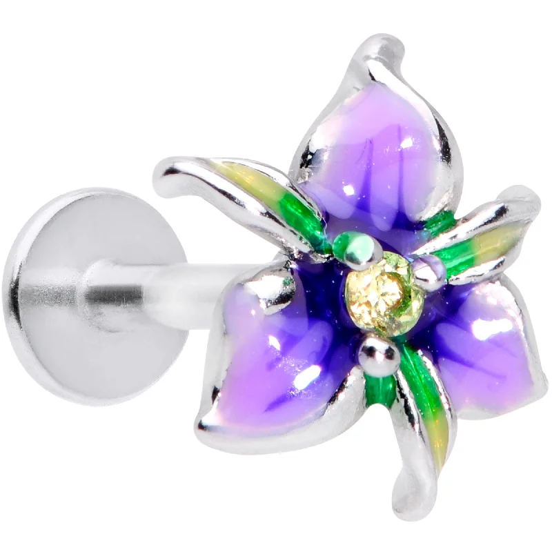 Comfortable and Chic Lip Rings16 Gauge 5/16 Clear Gem Exotic Purple Flower Labret Monroe Tragus