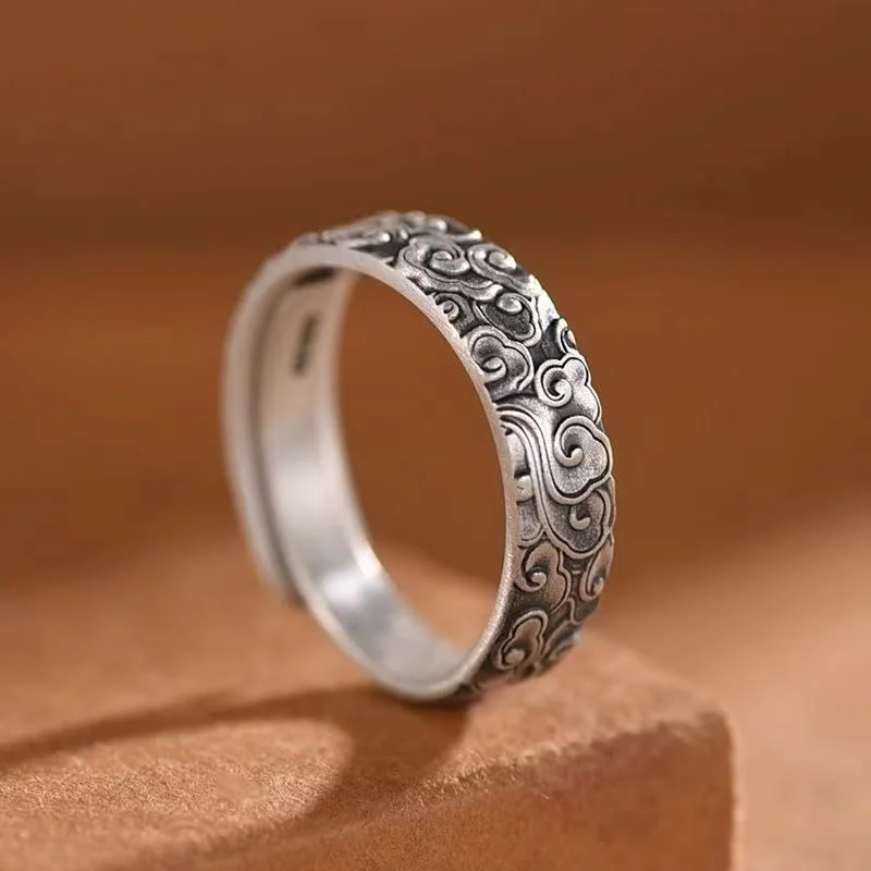 Chic Women's Rings for Fashion-Forward Looks-Buddha Stones Vintage Auspicious Clouds Pattern Luck Ring Chic Women's Rings for Fashion-Forward Looks-Buddha Stones Vintage Auspicious Clouds Pattern Luck Ring