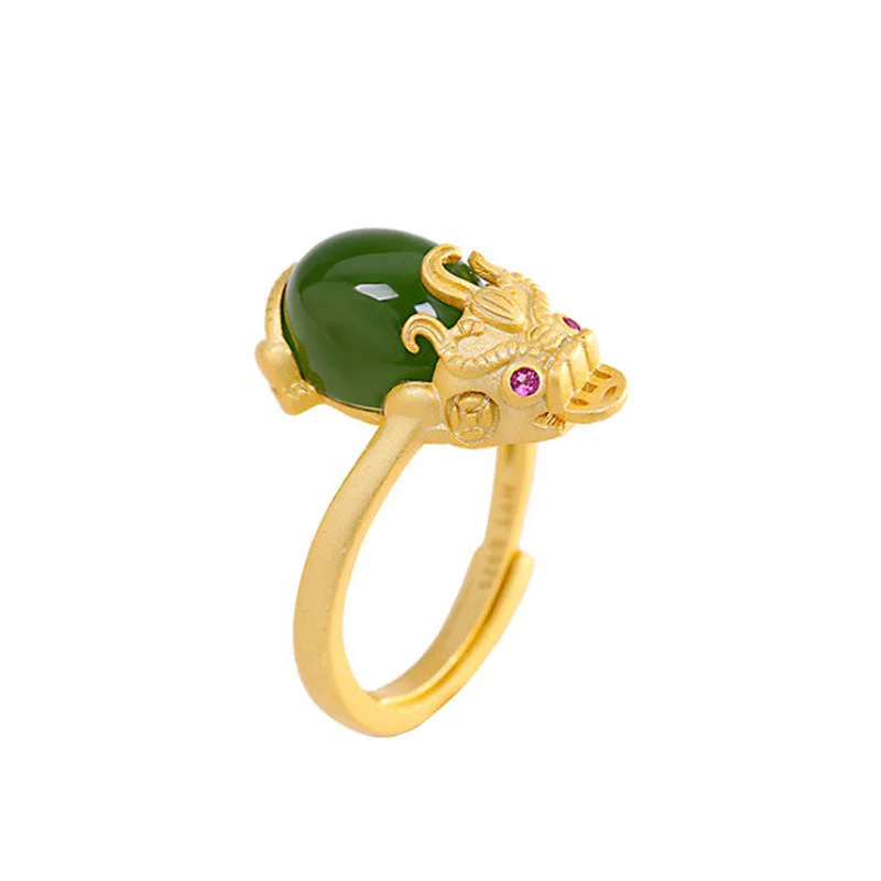 Chic Women's Rings for Fashion-Forward Looks-Buddha Stones 18k Gold-plated Pixiu Jade Wealth Ring Chic Women's Rings for Fashion-Forward Looks-Buddha Stones 18k Gold-plated Pixiu Jade Wealth Ring
