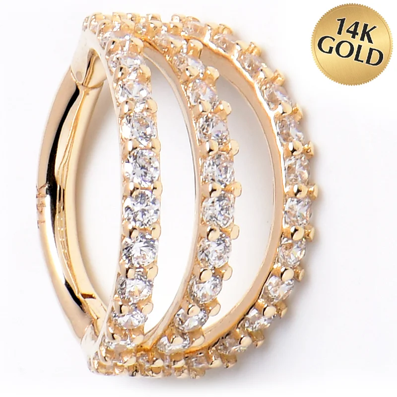 Nose Rings with Radiant Details -16 Gauge 5/16 Solid 14KT Yellow Gold Clear CZ Gem Row Hinged Segment Ring