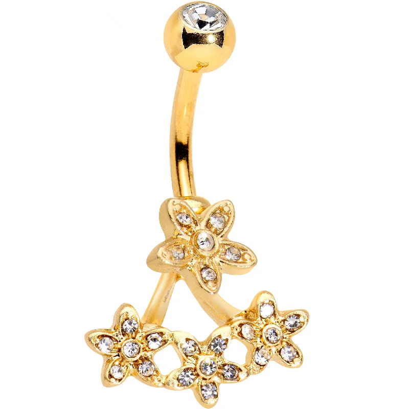 Comfortable Belly Rings with Stunning Detail -Clear Gem Field of Flowers Gold PVD Dangle Belly Ring Comfortable Belly Rings with Stunning Detail -Clear Gem Field of Flowers Gold PVD Dangle Belly Ring