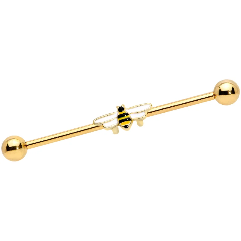 Women's Earrings – Elegant Designs for Every Personality--14 Gauge Gold Tone Black White Striped Bee Industrial Barbell 38mm Women's Earrings – Elegant Designs for Every Personality--14 Gauge Gold Tone Black White Striped Bee Industrial Barbell 38mm