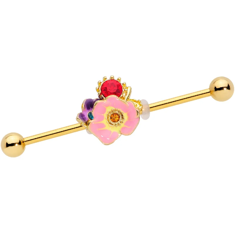 Women's Earrings – Elegant Designs for Every Personality--14 Gauge Red Blue Gem Gold Tone Multi Flower Industrial Barbell 38mm