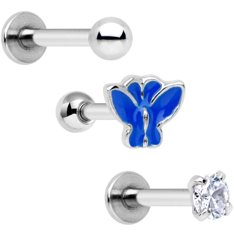Comfortable Lip Rings for Daily Use16 Gauge 1/4 Clear Gem Butterfly Cartilage Tragus Earring Set of 3