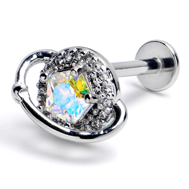 Women's Earrings – Elegant Designs for Every Personality--16 Gauge 3/8 Aurora CZ Gem Textured Saturn Planet Labret Monroe Tragus