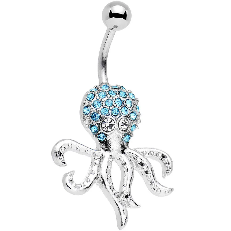 Belly Rings with Designer Touch -Clear and Aqua Gem Paved Steel I'm All Tentacles Octopus Belly Ring Belly Rings with Designer Touch -Clear and Aqua Gem Paved Steel I'm All Tentacles Octopus Belly Ring