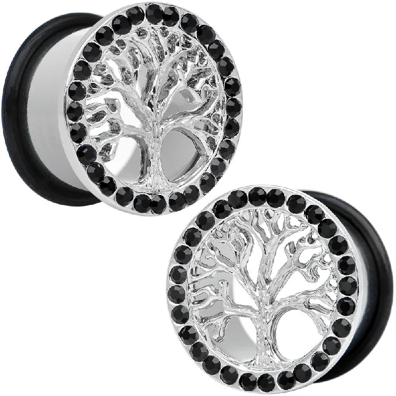 Women's Earrings – Elegant Designs for Every Personality--11/16 Black Gem Stainless Steel Single Flare Tree of Life Plug Set