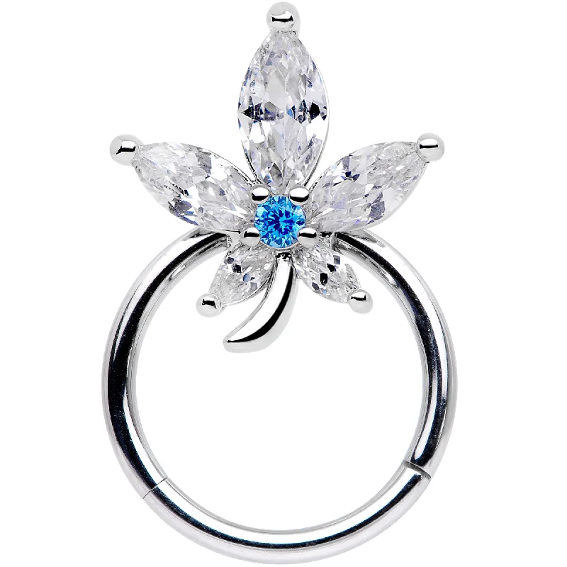 Nose Rings for Easy Wear -16 Gauge 3/8 Clear Blue CZ Gem Marijuana Leaf Hinged Segment Ring Nose Rings for Easy Wear -16 Gauge 3/8 Clear Blue CZ Gem Marijuana Leaf Hinged Segment Ring
