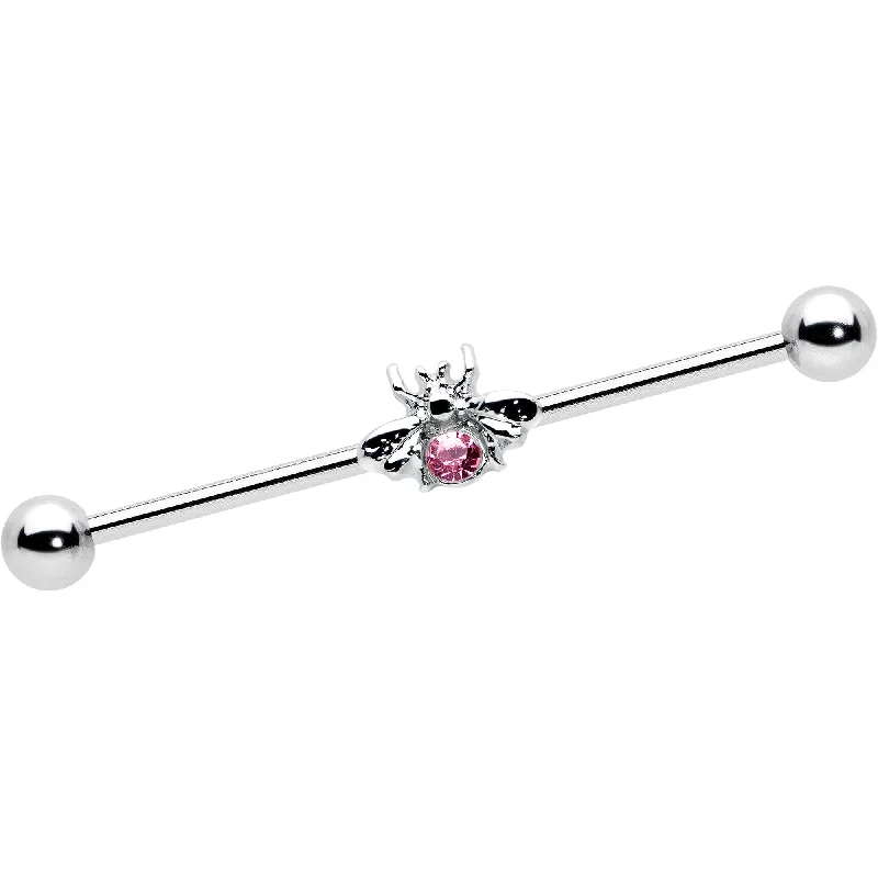 Women's Earrings – Elegant Designs for Every Personality--14 Gauge Pink Gem Bee Beautiful Insect Industrial Barbell 38mm