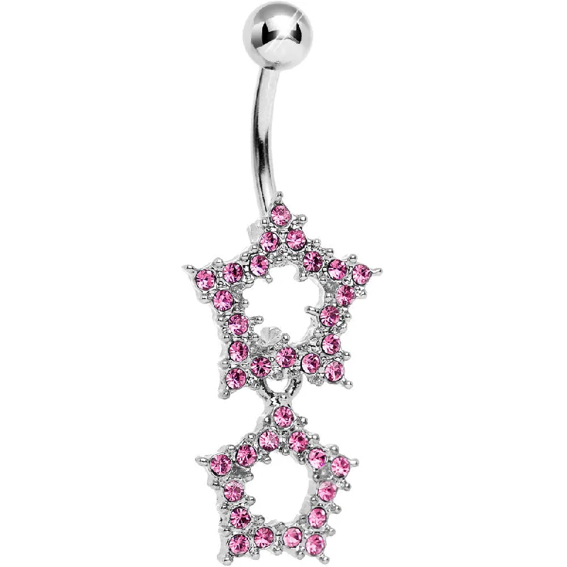 Stunning Belly Rings for Fashionable Women -Pink Gem Double Star Dangle Belly Ring