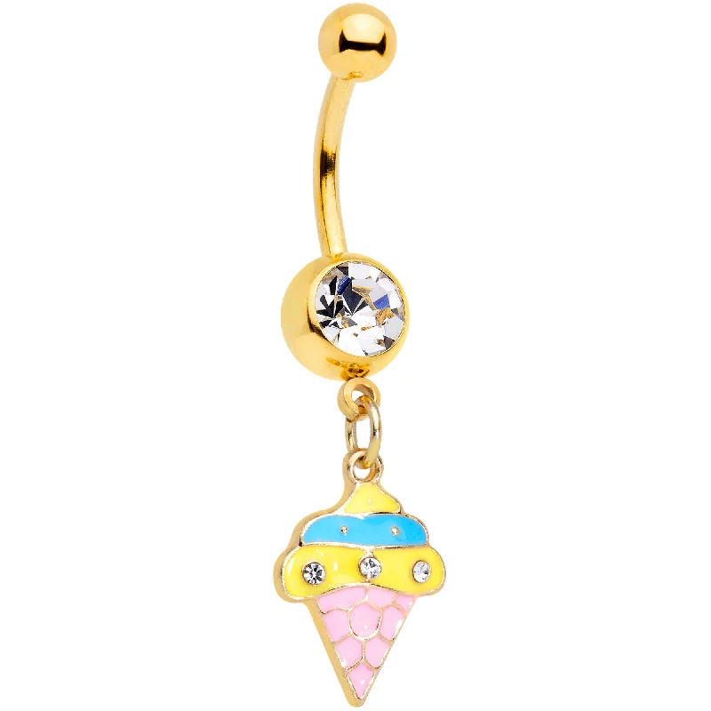 Comfortable Belly Rings for Sensitive Skin -Clear Gem Gold Tone Pink Blue Ice Cream Cone Dangle Belly Ring