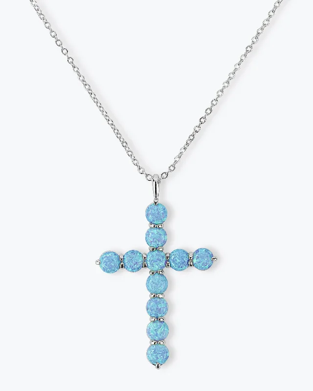 Shop Classic Women's  Necklaces & Pendants with a Modern Twist-"Oh She Fancy" Cross Pendant 18" - Silver|Blue Opal