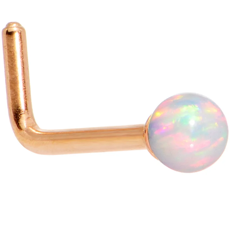 Simple Nose Rings with Subtle Glam -White 2.5mm Synthetic Opal Ball Rose Gold Tone L-Shape Nose Ring Simple Nose Rings with Subtle Glam -White 2.5mm Synthetic Opal Ball Rose Gold Tone L-Shape Nose Ring
