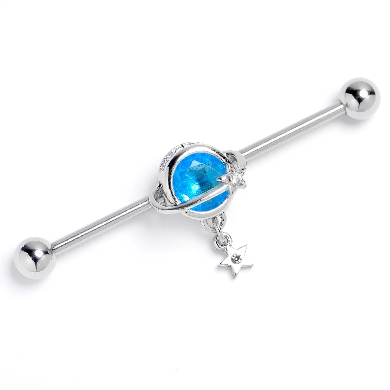 Women's Earrings – Elegant Designs for Every Personality--14 Gauge Blue Clear Gem Starry Saturn Industrial Barbell 38mm