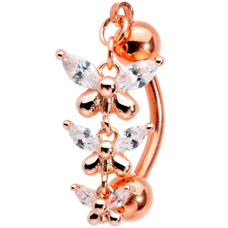 Designer Belly Rings for Unique Style -Clear Gem Rose Gold Tone Butterflies Top Mount Dangle Belly Ring Designer Belly Rings for Unique Style -Clear Gem Rose Gold Tone Butterflies Top Mount Dangle Belly Ring