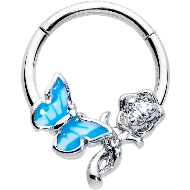 Elegant Nose Rings with Gemstone Finishes -16 Gauge 3/8 Clear CZ Gem Butterfly Rose Blue Hinged Segment Ring Elegant Nose Rings with Gemstone Finishes -16 Gauge 3/8 Clear CZ Gem Butterfly Rose Blue Hinged Segment Ring