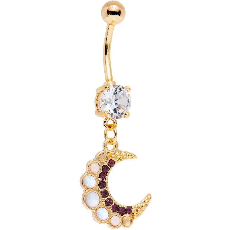 Comfortable Belly Rings with Bold Style -Purple Gem White Faux Opal Gold PVD Crescent Moon Dangle Belly Ring Comfortable Belly Rings with Bold Style -Purple Gem White Faux Opal Gold PVD Crescent Moon Dangle Belly Ring