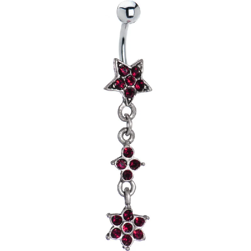 Trendy Belly Rings for Everyday Glam -Antique Silver Red Gem Flourishing Star Dangle Belly Ring Trendy Belly Rings for Everyday Glam -Antique Silver Red Gem Flourishing Star Dangle Belly Ring
