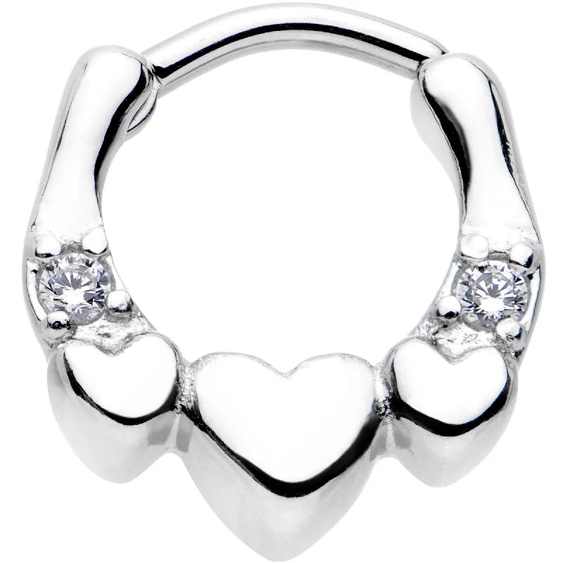 Nose Rings for Office Wear -16 Gauge 1/4 Clear Gem Hearty Hug Hearts Septum Clicker