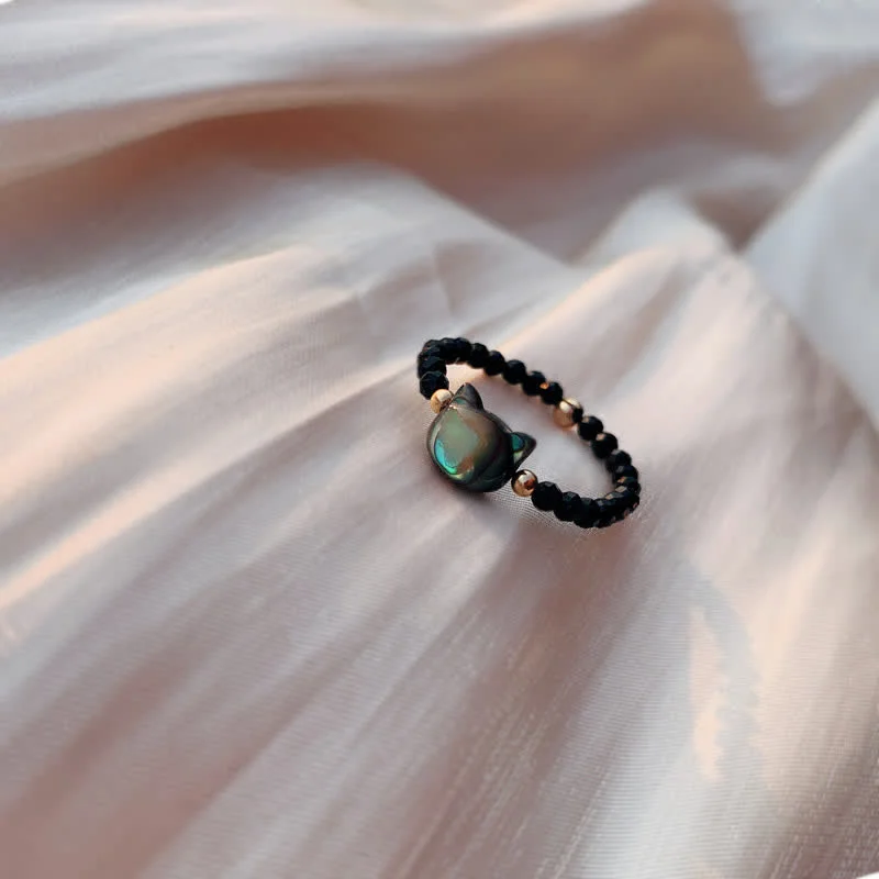 Chic Women's Rings for Fashion-Forward Looks-Buddha Stones Natural Tridacna Stone Lovely Cat 14K Gold Blessing Ring