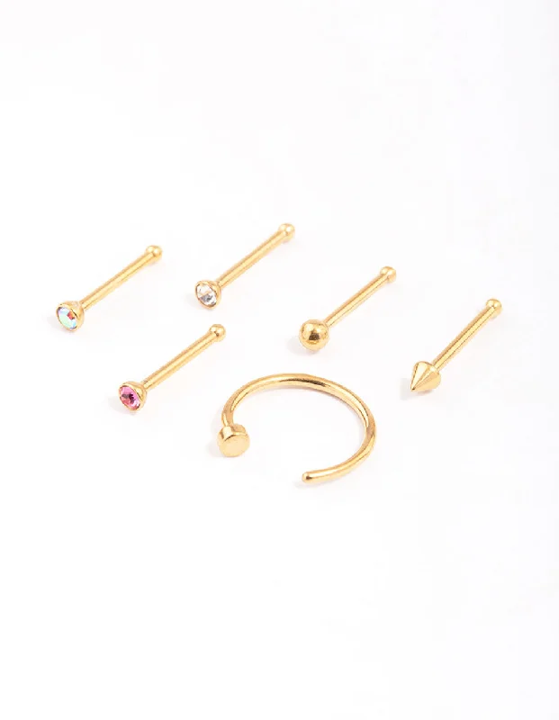 Comfortable and Stylish Nose Rings -Gold Plated Surgical Steel Nail & Arrow Nose Ring 6-Pack Comfortable and Stylish Nose Rings -Gold Plated Surgical Steel Nail & Arrow Nose Ring 6-Pack