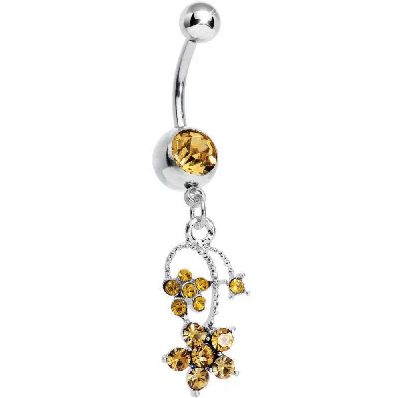 Belly Rings with Artistic Designs for Bold Fashion -Yellow Gem Tri Flower Strand Dangle Belly Ring Belly Rings with Artistic Designs for Bold Fashion -Yellow Gem Tri Flower Strand Dangle Belly Ring