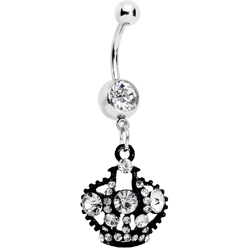 Designer Belly Rings for Fashion-Forward Women -Clear Czech Stone Black Versailles Queen Crown Dangle Belly Ring Designer Belly Rings for Fashion-Forward Women -Clear Czech Stone Black Versailles Queen Crown Dangle Belly Ring