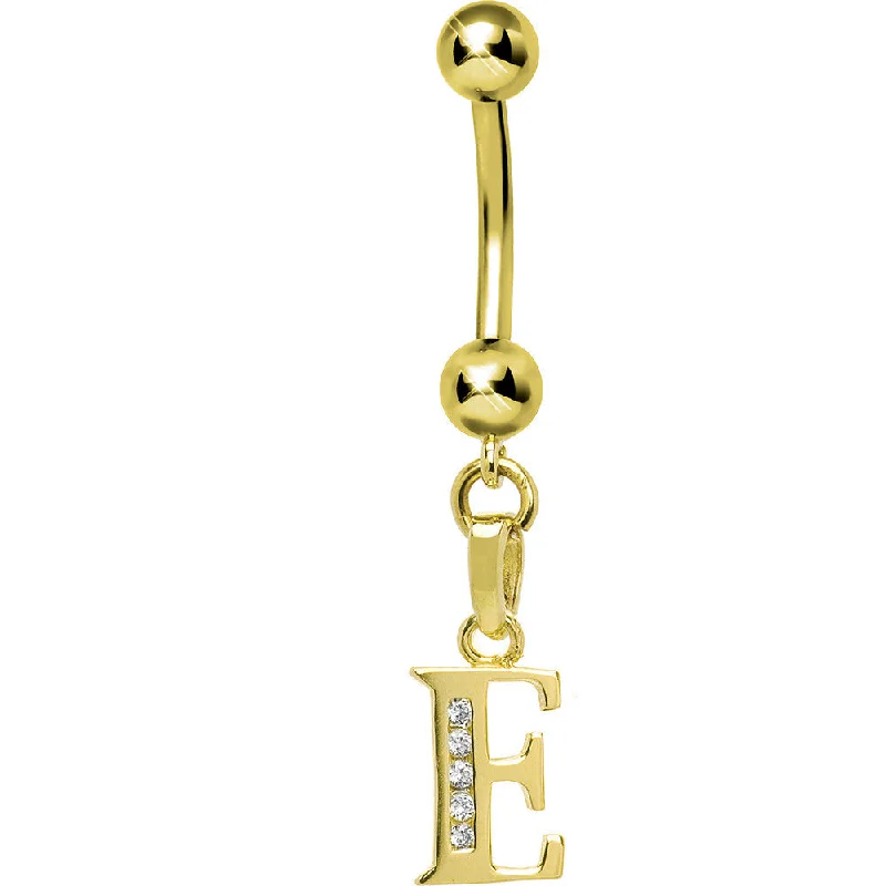 Belly Rings with Silver Finish -16 Gauge Solid 14kt Yellow Gold CZ Initial E Belly Ring Belly Rings with Silver Finish -16 Gauge Solid 14kt Yellow Gold CZ Initial E Belly Ring