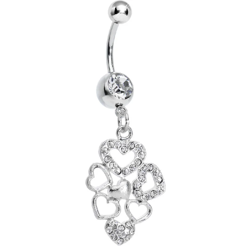 Belly Rings with Colorful Gemstones for Extra Shine -Clear Gem Clusters of Love Heart Dangle Belly Ring Belly Rings with Colorful Gemstones for Extra Shine -Clear Gem Clusters of Love Heart Dangle Belly Ring