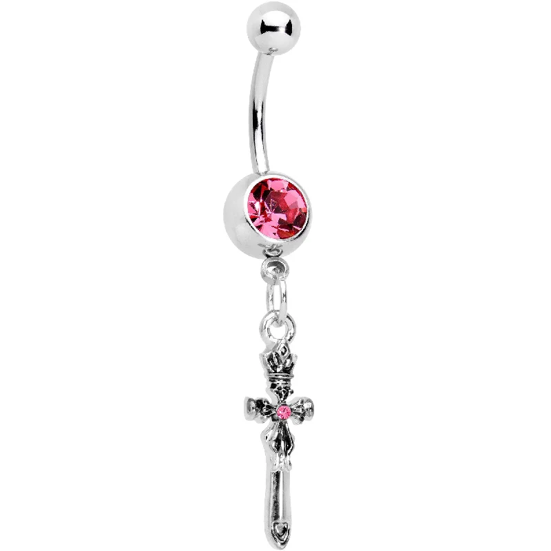 Belly Rings with Gemstones for Sparkling Style -Pink Gem Templar Cross Dangle Belly Ring Belly Rings with Gemstones for Sparkling Style -Pink Gem Templar Cross Dangle Belly Ring