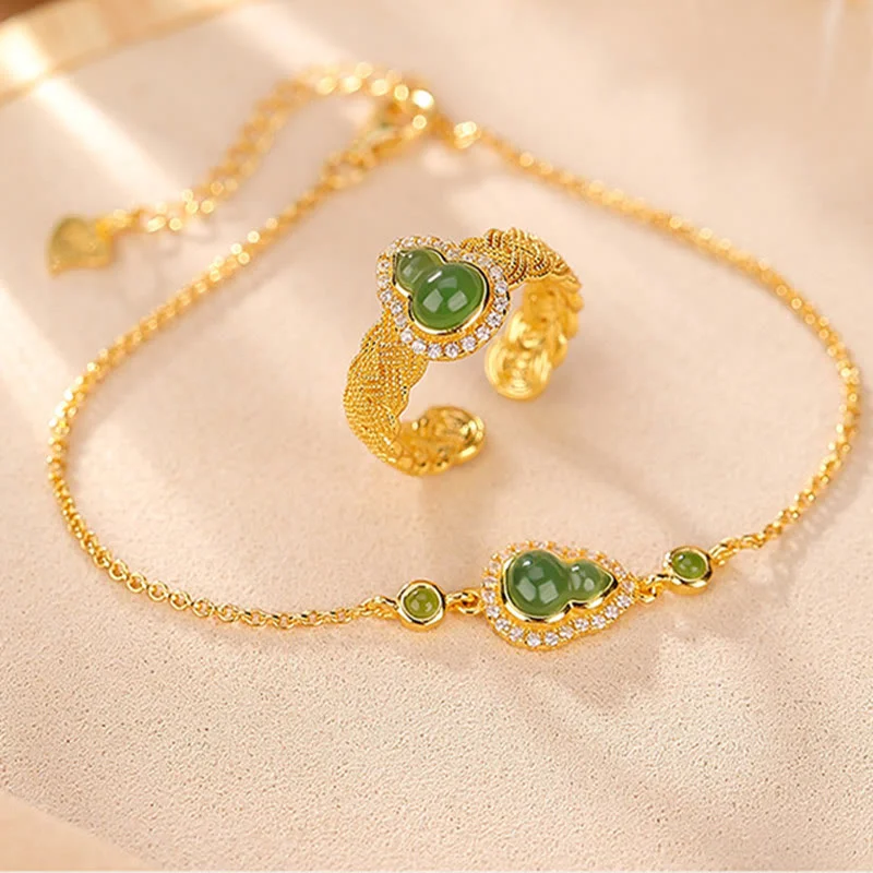 Colorful Beaded Bangles for Women-Buddha Stones 925 Sterling Silver Plated Gold Natural Hetian Cyan Jade Gourd Luck Bracelet Ring Set Colorful Beaded Bangles for Women-Buddha Stones 925 Sterling Silver Plated Gold Natural Hetian Cyan Jade Gourd Luck Bracelet Ring Set