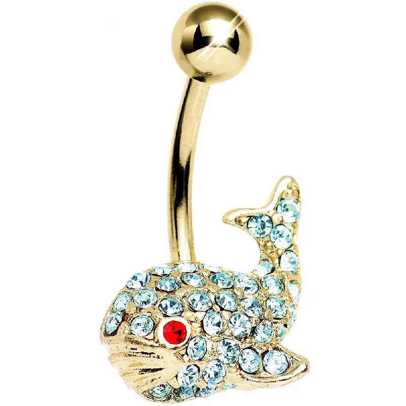 Trendy Belly Rings for Bold Fashionistas -Aqua Gem Gold Plated Happy Whale Belly Ring Trendy Belly Rings for Bold Fashionistas -Aqua Gem Gold Plated Happy Whale Belly Ring