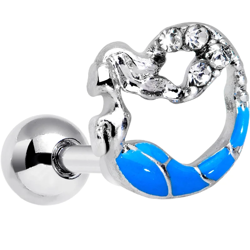 Women's Earrings – Elegant Designs for Every Personality--16 Gauge 1/4 Clear Gem Blue Curved Mermaid Cartilage Tragus