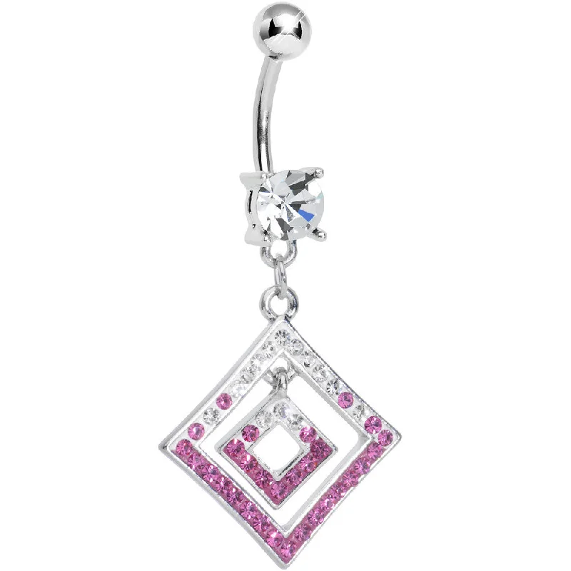 Designer Belly Rings for Unique Style -Clear Gem Double Clear and Pink Paved Diamond Dangle Belly Ring Designer Belly Rings for Unique Style -Clear Gem Double Clear and Pink Paved Diamond Dangle Belly Ring