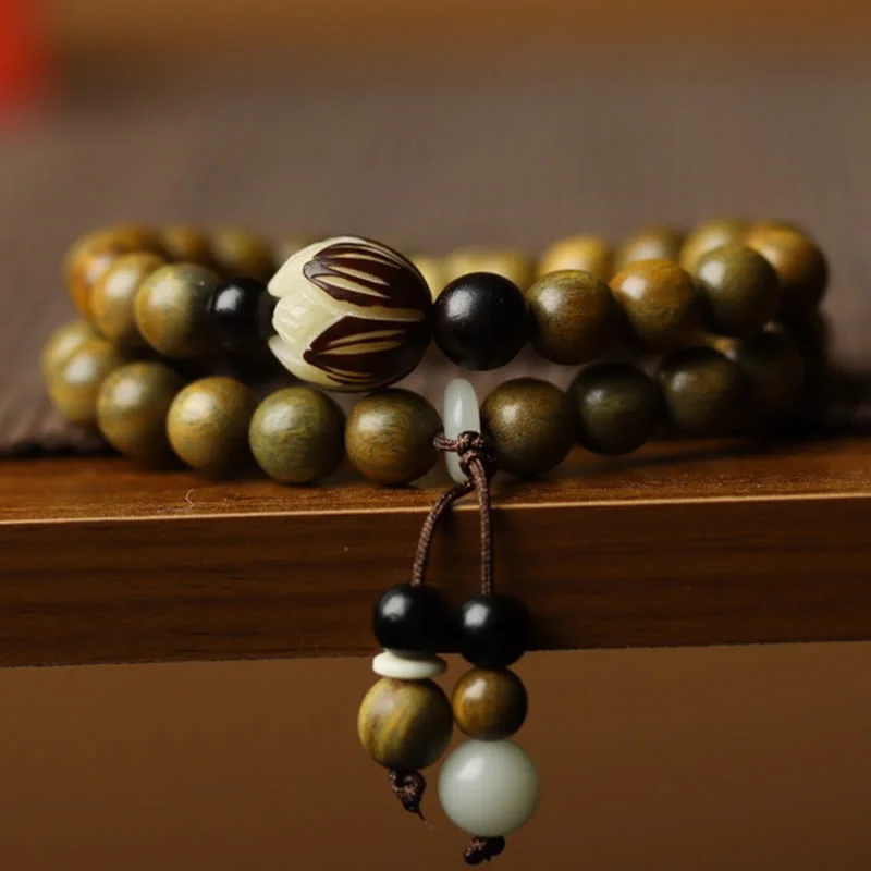 Chic Gemstone Bangles for Women-Buddha Stones Green Sandalwood Bodhi Seed Lotus Soothing Double Wrap Bracelet Chic Gemstone Bangles for Women-Buddha Stones Green Sandalwood Bodhi Seed Lotus Soothing Double Wrap Bracelet