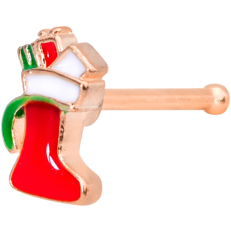 Trendy Nose Rings for Unique Style -20 Gauge 7mm Rose Gold Tone Red White Christmas Stocking Nose Bone Trendy Nose Rings for Unique Style -20 Gauge 7mm Rose Gold Tone Red White Christmas Stocking Nose Bone