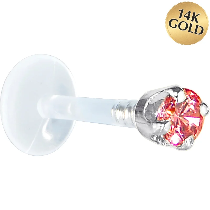 Women's Earrings – Elegant Designs for Every Personality--16 Gauge 5/16 Solid 14KT White Gold 3mm Salmon Cubic Zirconia Bioplast Tragus Earring Stud