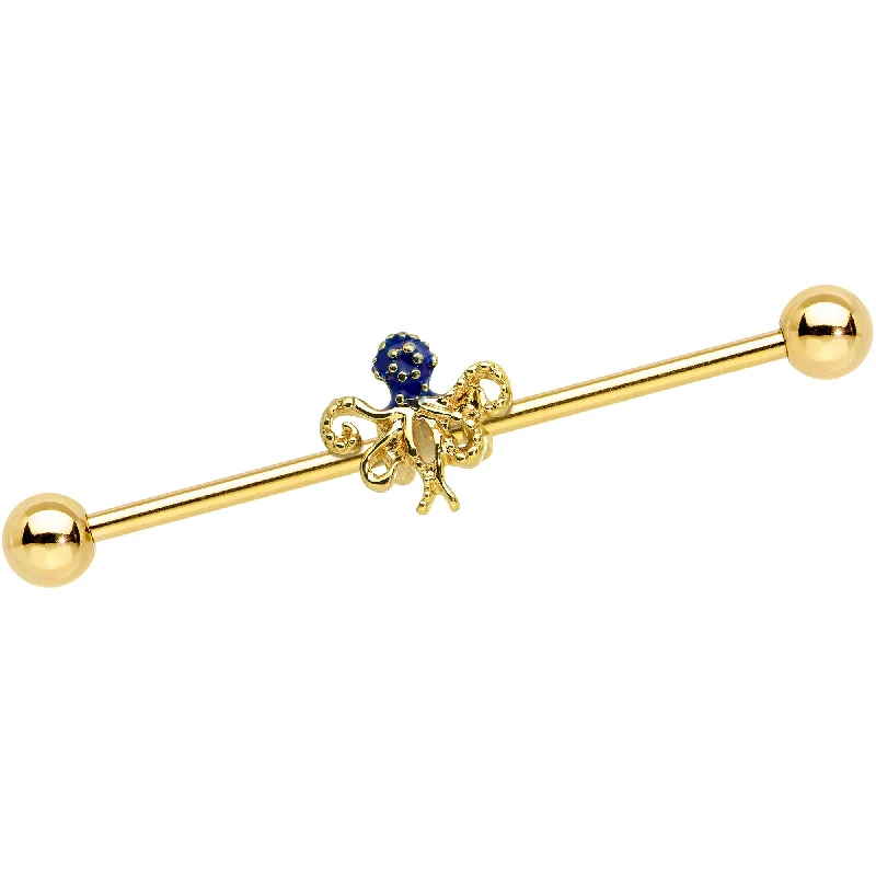 Women's Earrings – Elegant Designs for Every Personality--14 Gauge Gold Tone Textured Blue Octopus Industrial Barbell 38mm