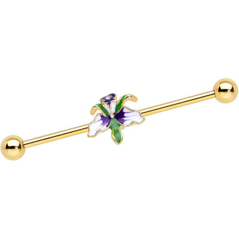 Women's Earrings – Elegant Designs for Every Personality--14 Gauge Clear Gem Gold Tone Iris Flower Industrial Barbell 38mm