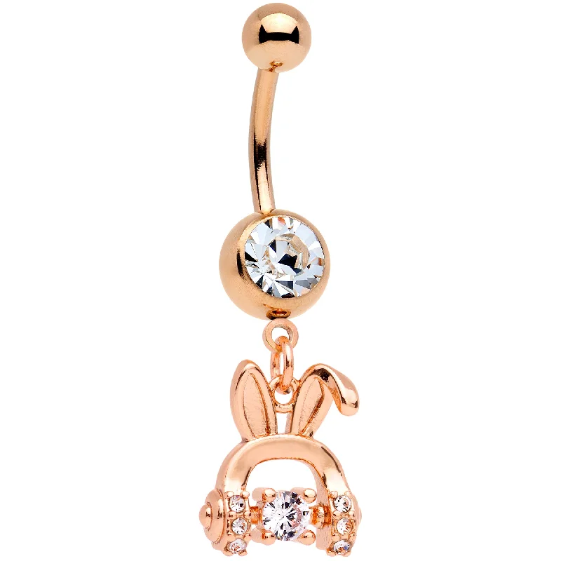 Trendy Belly Rings with Stunning Details -Clear Gem Rose Gold Tone Bunny Ear Headphones Dangle Belly Ring Trendy Belly Rings with Stunning Details -Clear Gem Rose Gold Tone Bunny Ear Headphones Dangle Belly Ring
