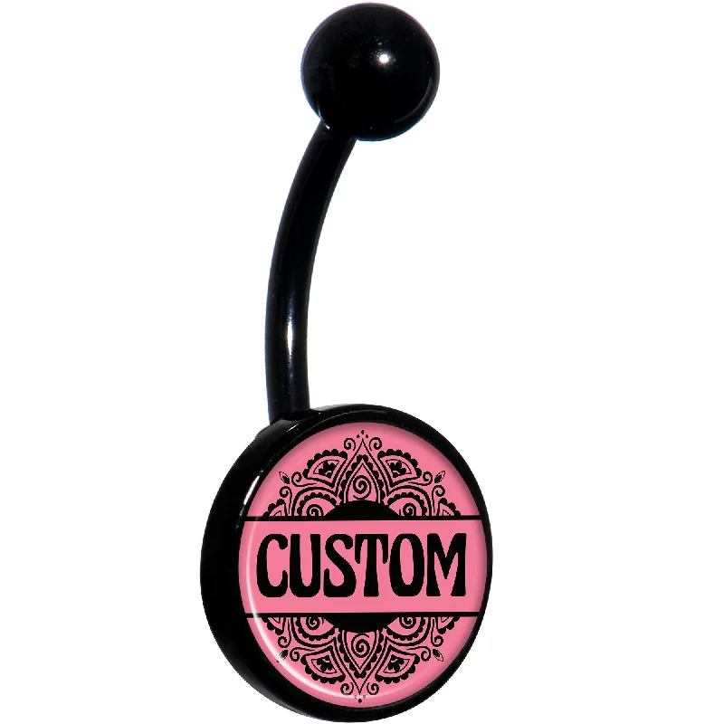 Comfortable Belly Rings for Fashion-Forward Women -Custom Pink Mandala Personalized Name Black Belly Ring Comfortable Belly Rings for Fashion-Forward Women -Custom Pink Mandala Personalized Name Black Belly Ring