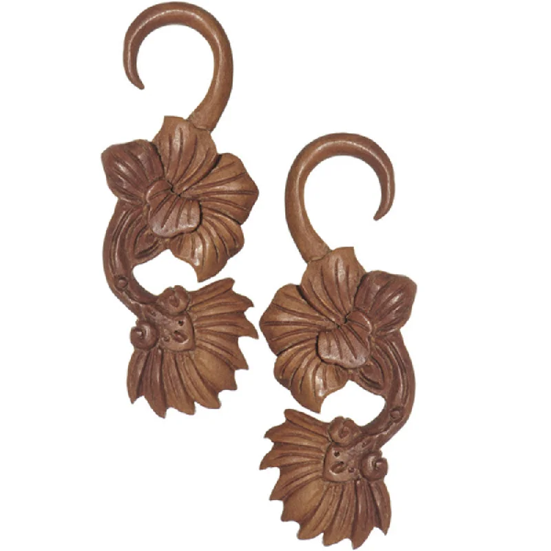 Women's Earrings – Elegant Designs for Every Personality--8 Gauge Organic Sabo Wood Art Nouveau Flower Hanger Plug Set
