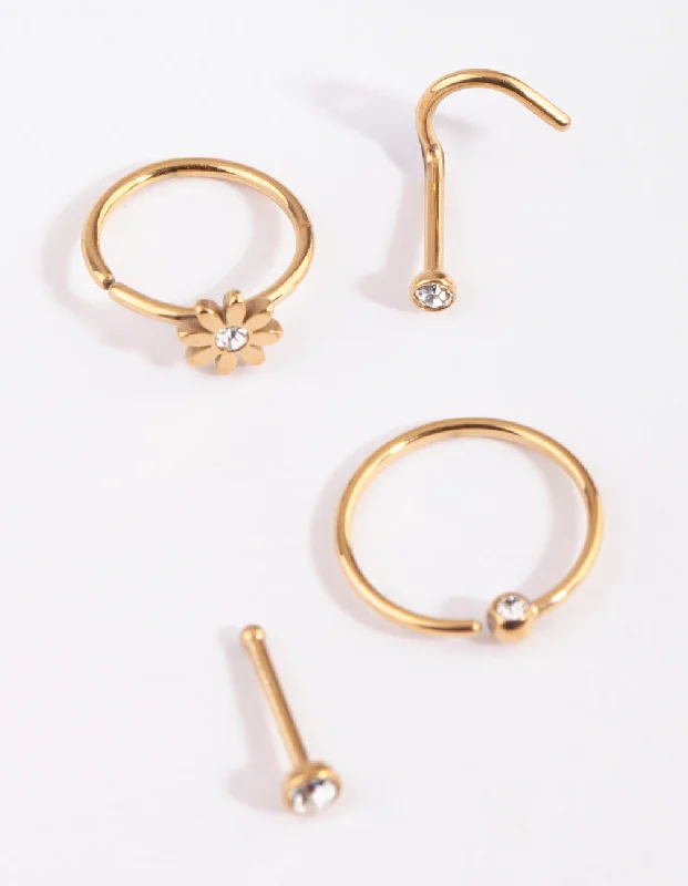 Nose Rings with Beautiful Stone Details -Gold Plated Surgical Steel Flower & Diamante Nose Stud 6-Pack