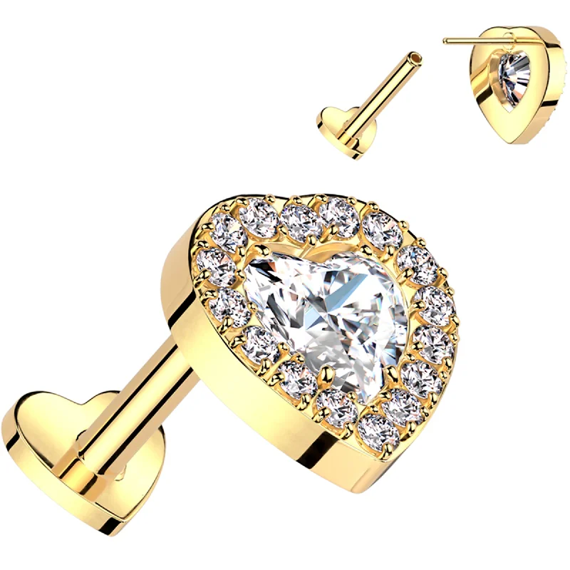 Women's Earrings – Elegant Designs for Every Personality--18 Gauge 5/16 Clear CZ Gem Heart Duo Gold PVD Medical Grade Titanium Reversible Flat Back Earring