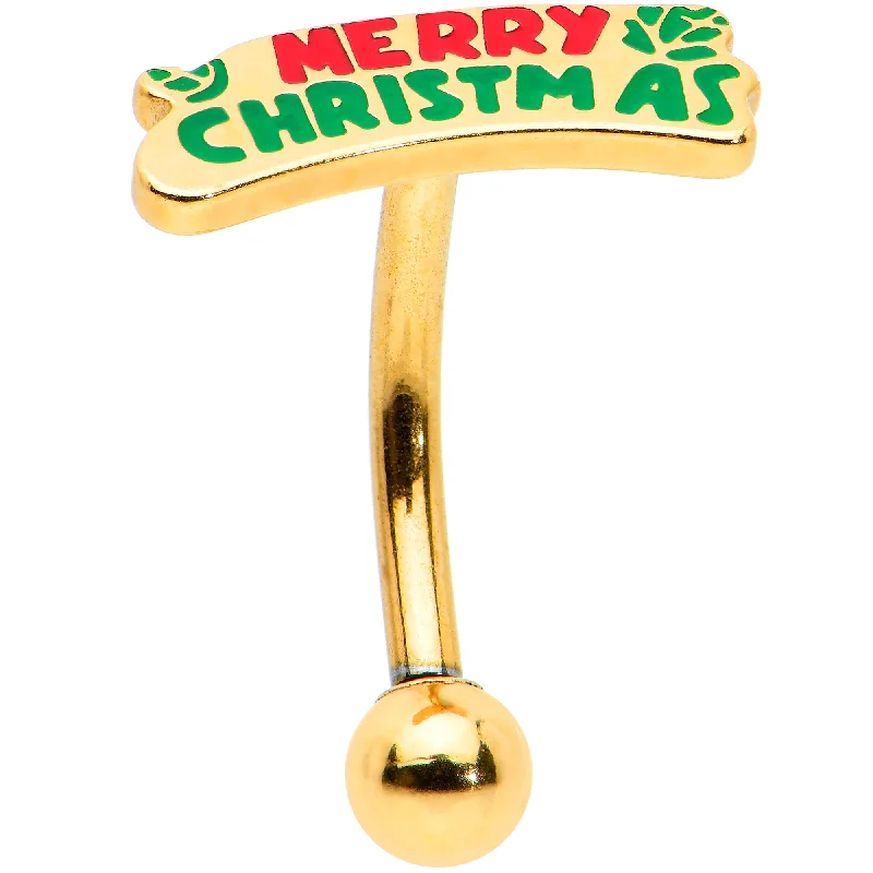 Women's Earrings – Elegant Designs for Every Personality--16 Gauge 5/16 Gold Tone Merry Christmas Inlay Curved Barbell Ring Women's Earrings – Elegant Designs for Every Personality--16 Gauge 5/16 Gold Tone Merry Christmas Inlay Curved Barbell Ring
