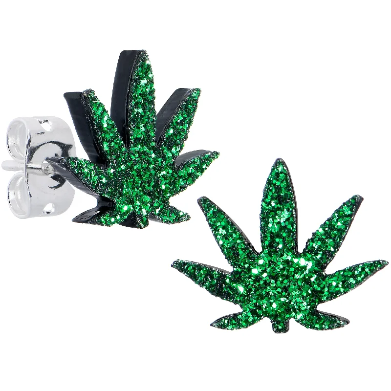 Women's Earrings – Elegant Designs for Every Personality--Green Glitter Marijuana Pot Leaf Stud Earrings Women's Earrings – Elegant Designs for Every Personality--Green Glitter Marijuana Pot Leaf Stud Earrings