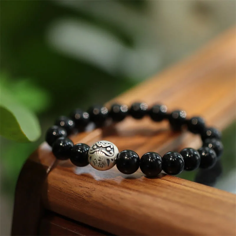 Silver Cuff Bangles for Women with Stones-Buddha Stones 925 Sterling Silver Black Onyx Bead Character Engraved Protection Bracelet Silver Cuff Bangles for Women with Stones-Buddha Stones 925 Sterling Silver Black Onyx Bead Character Engraved Protection Bracelet