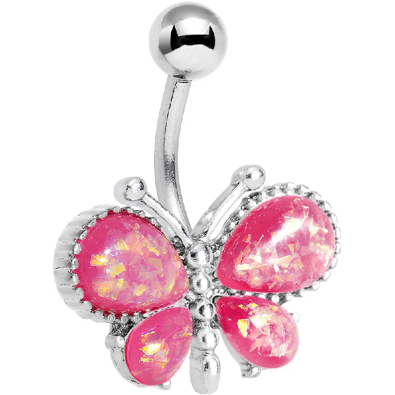 Classic Belly Rings for Elegant Style -Pink Faux Opal Bless My Butterfly Belly Ring