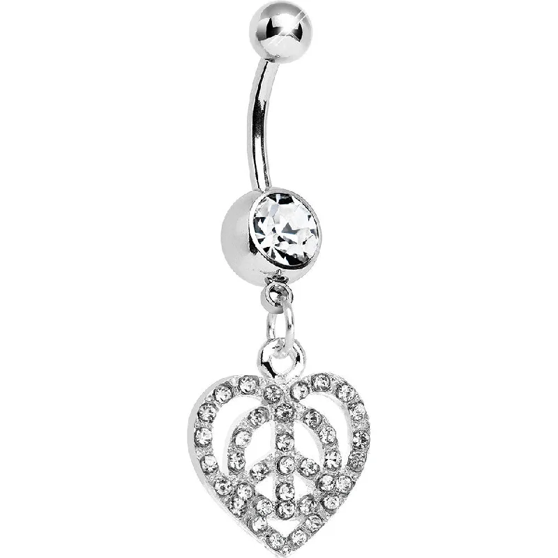 Unique Belly Rings for Bold Look -Clear Gem Paved Peace Sign Heart Dangle Belly Ring Unique Belly Rings for Bold Look -Clear Gem Paved Peace Sign Heart Dangle Belly Ring