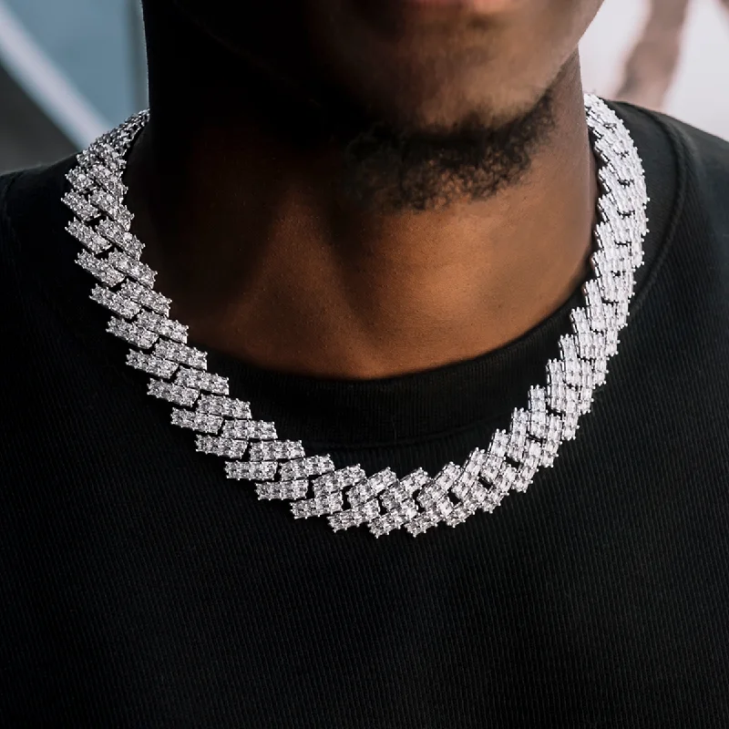 Exclusive Men's Necklaces & Pendants for the Modern Gentleman-Baguette Prong Set Cuban Chain in White Gold- 19mm Exclusive Men's Necklaces & Pendants for the Modern Gentleman-Baguette Prong Set Cuban Chain in White Gold- 19mm